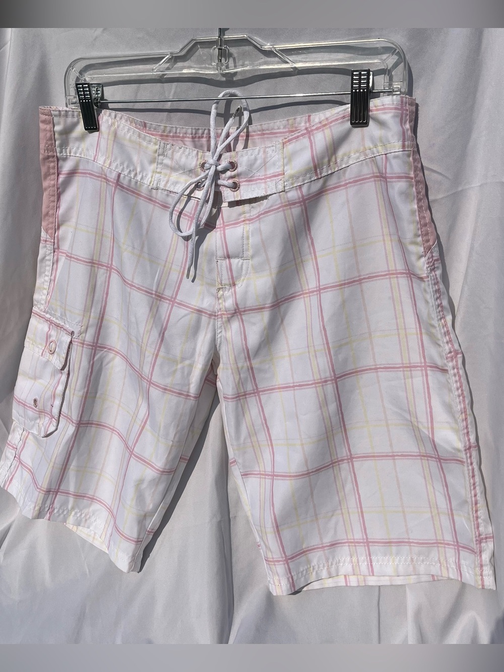 White Plaid Cargo Swim Shorts - Pink & Yellow Accents